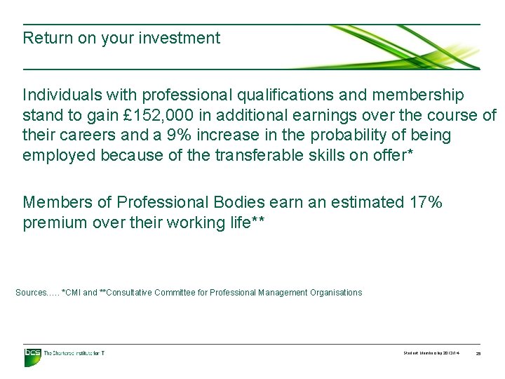 Return on your investment Individuals with professional qualifications and membership stand to gain £