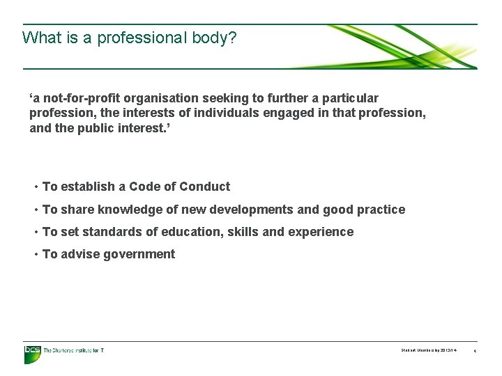 What is a professional body? ‘a not-for-profit organisation seeking to further a particular profession,