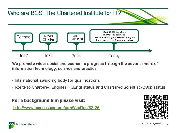 Who are BCS, The Chartered Institute for IT? Formed Royal Charter CITP Launched Over