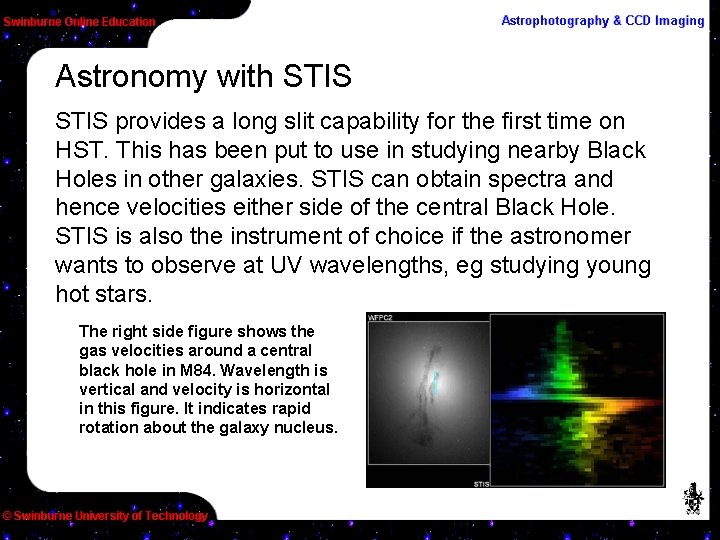 Astronomy with STIS provides a long slit capability for the first time on HST.