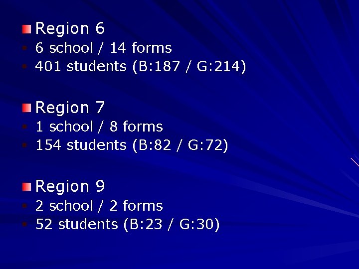 Region 6 § 6 school / 14 forms § 401 students (B: 187 /