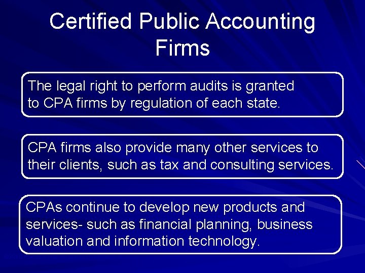 Certified Public Accounting Firms The legal right to perform audits is granted to CPA