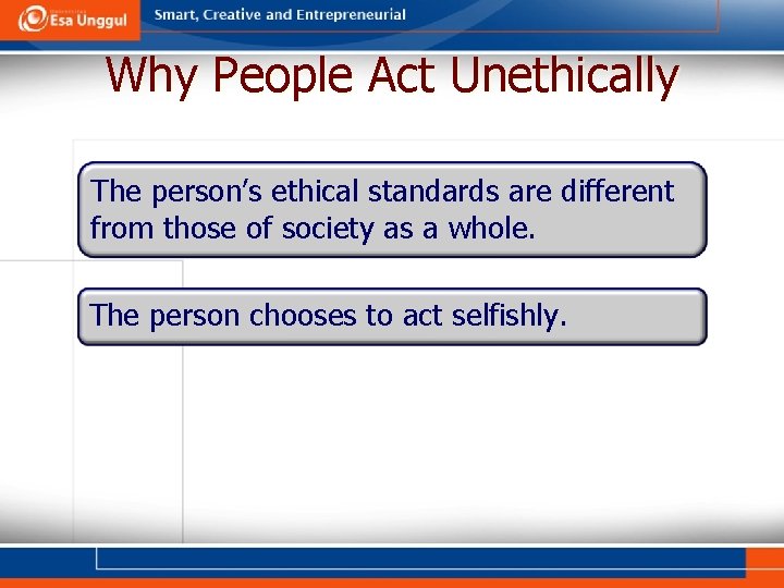 Why People Act Unethically The person’s ethical standards are different from those of society