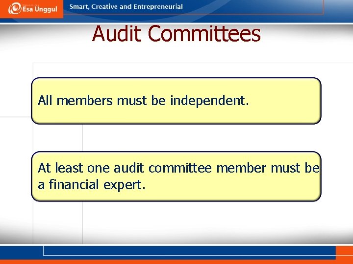 Audit Committees All members must be independent. At least one audit committee member must