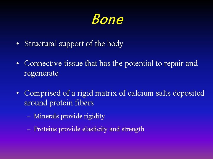 Bone • Structural support of the body • Connective tissue that has the potential
