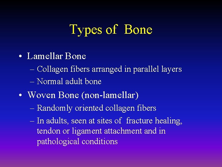 Types of Bone • Lamellar Bone – Collagen fibers arranged in parallel layers –
