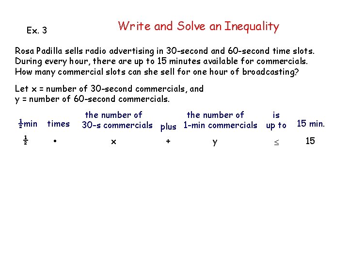 Write and Solve an Inequality Ex. 3 Rosa Padilla sells radio advertising in 30
