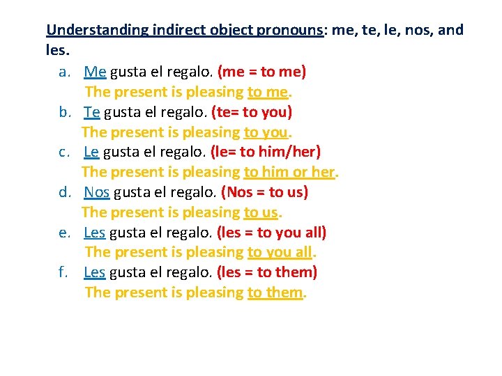 Understanding indirect object pronouns: me, te, le, nos, and les. a. Me gusta el