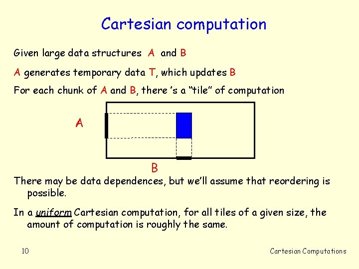 Cartesian computation Given large data structures A and B A generates temporary data T,