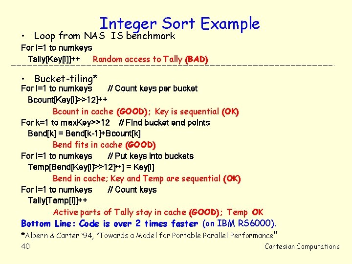 Integer Sort Example • Loop from NAS IS benchmark For i=1 to numkeys Tally[Key[i]]++