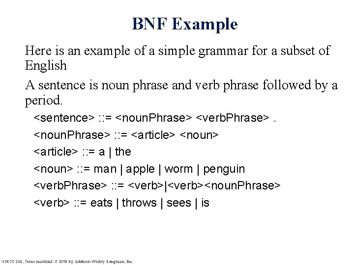 BNF Example Here is an example of a simple grammar for a subset of