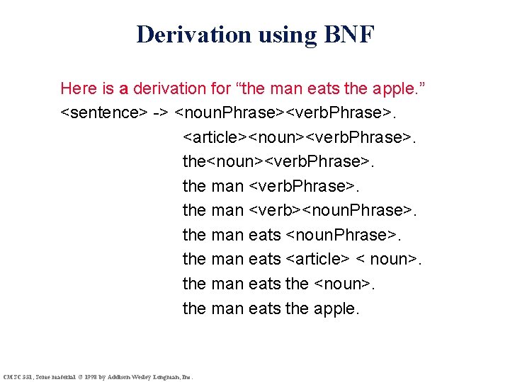 Derivation using BNF Here is a derivation for “the man eats the apple. ”