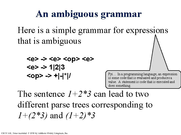 An ambiguous grammar Here is a simple grammar for expressions that is ambiguous <e>