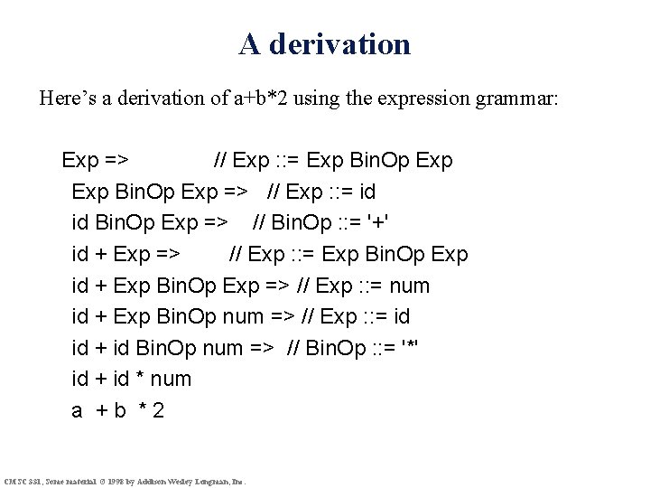 A derivation Here’s a derivation of a+b*2 using the expression grammar: Exp => //