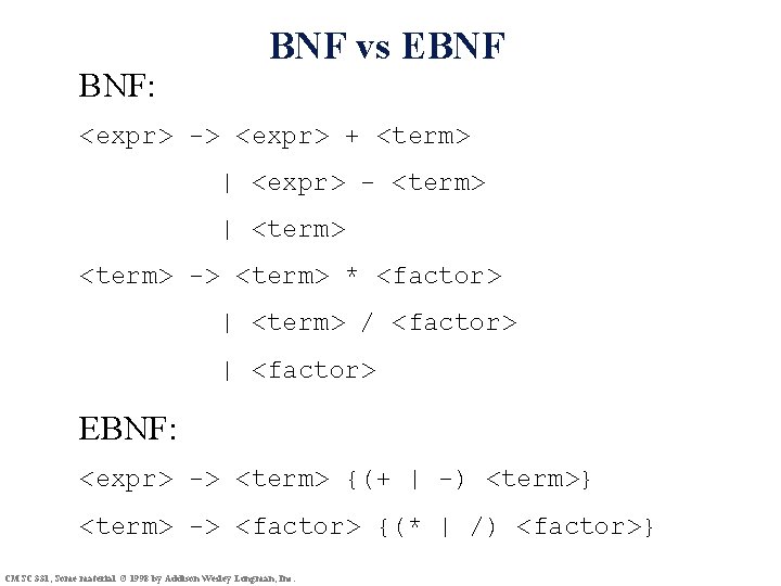 BNF: BNF vs EBNF <expr> -> <expr> + <term> | <expr> - <term> |