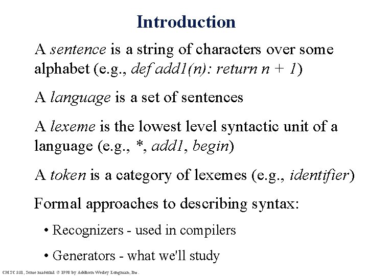 Introduction A sentence is a string of characters over some alphabet (e. g. ,