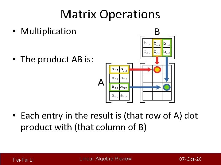 Matrix Operations • Multiplication • The product AB is: • Each entry in the