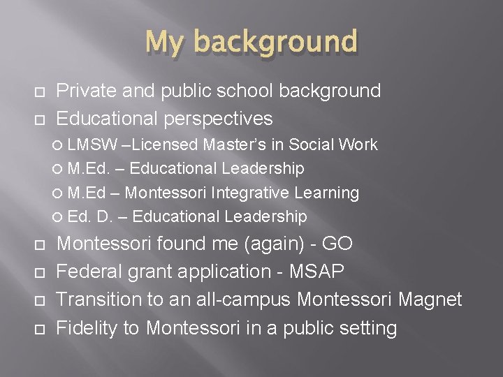 My background Private and public school background Educational perspectives LMSW –Licensed Master’s in Social