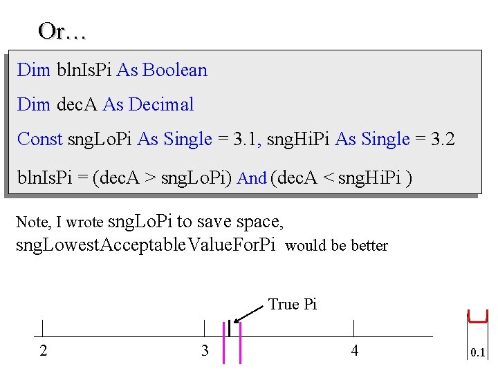 Or… Dim bln. Is. Pi As Boolean Dim dec. A As Decimal Const sng.