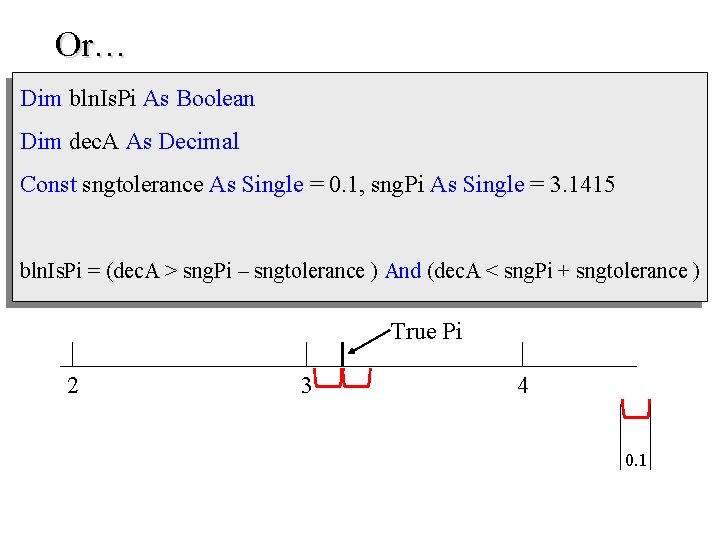 Or… Dim bln. Is. Pi As Boolean Dim dec. A As Decimal Const sngtolerance