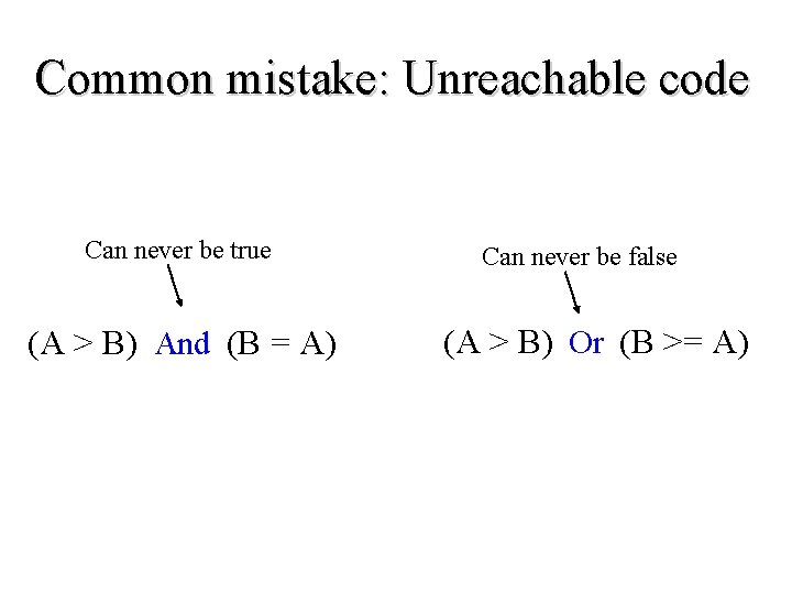 Common mistake: Unreachable code Can never be true (A > B) And (B =