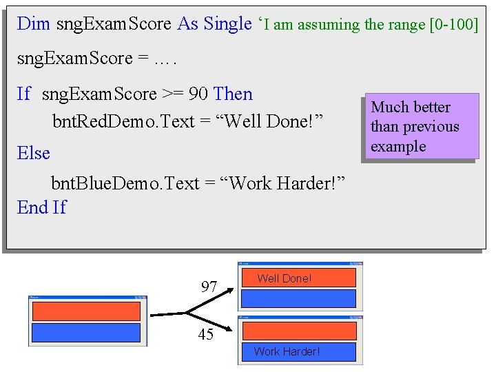 Dim sng. Exam. Score As Single ‘I am assuming the range [0 -100] sng.