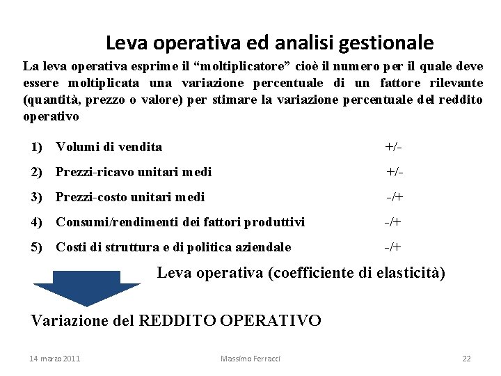 Leva operativa ed analisi gestionale La leva operativa esprime il “moltiplicatore” cioè il numero