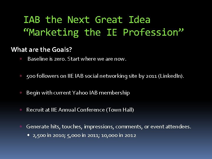 IAB the Next Great Idea “Marketing the IE Profession” What are the Goals? Baseline