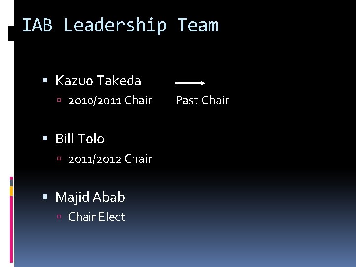 IAB Leadership Team Kazuo Takeda 2010/2011 Chair Past Chair Bill Tolo 2011/2012 Chair Majid