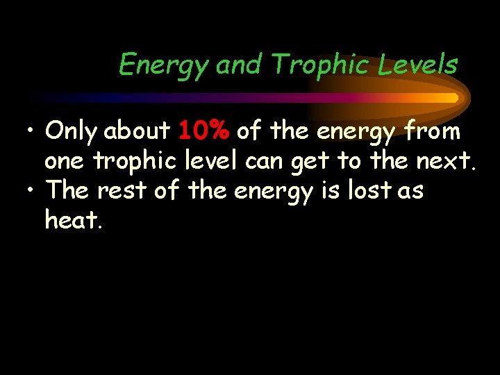 Energy and Trophic Levels • Only about 10% of the energy from one trophic