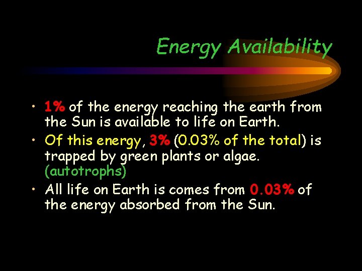 Energy Availability • 1% of the energy reaching the earth from the Sun is