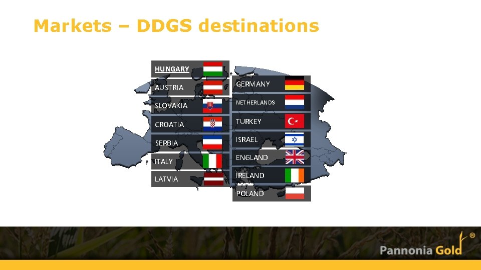 Markets – DDGS destinations HUNGARY AUSTRIA GERMANY SLOVAKIA NETHERLANDS CROATIA TURKEY SERBIA ISRAEL ITALY