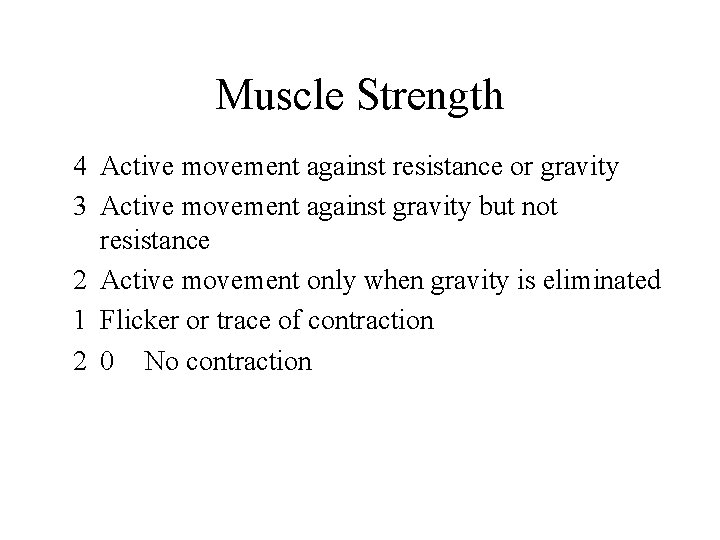Muscle Strength 4 Active movement against resistance or gravity 3 Active movement against gravity