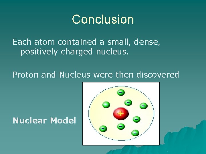 Conclusion Each atom contained a small, dense, positively charged nucleus. Proton and Nucleus were