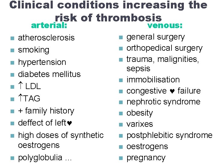 Clinical conditions increasing the risk of thrombosis arterial: n atherosclerosis n smoking n hypertension