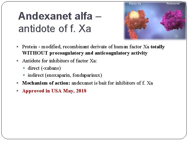 Andexanet alfa – antidote of f. Xa § Protein - modified, recombinant derivate of