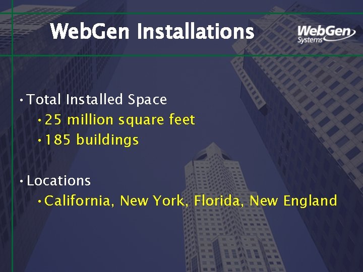 Web. Gen Installations • Total Installed Space • 25 million square feet • 185