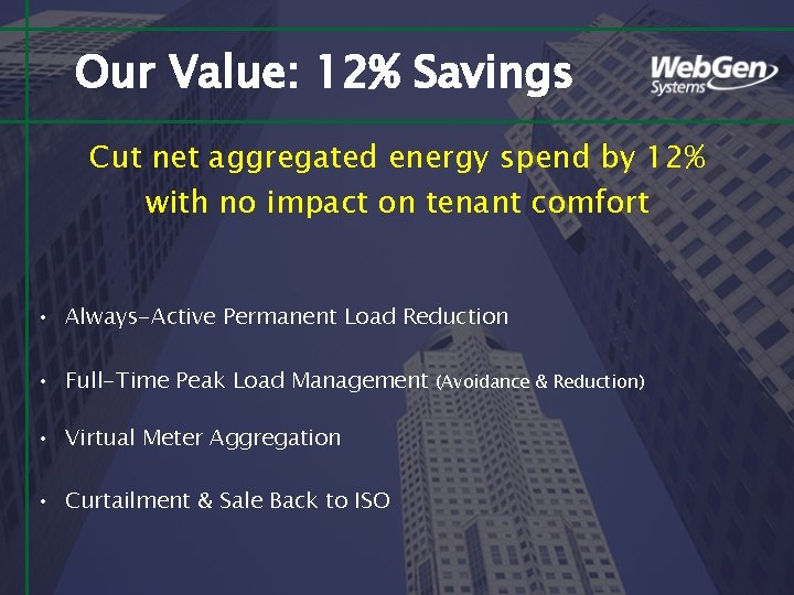 Our Value: 12% Savings Cut net aggregated energy spend by 12% with no impact