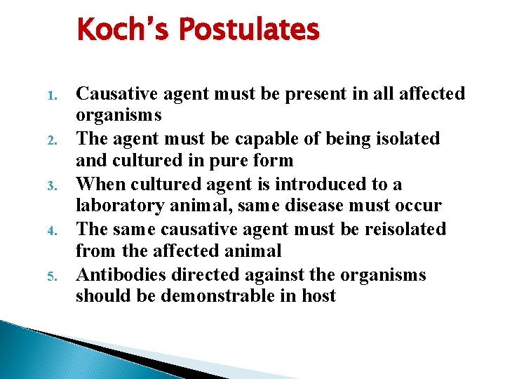 Koch’s Postulates 1. 2. 3. 4. 5. Causative agent must be present in all