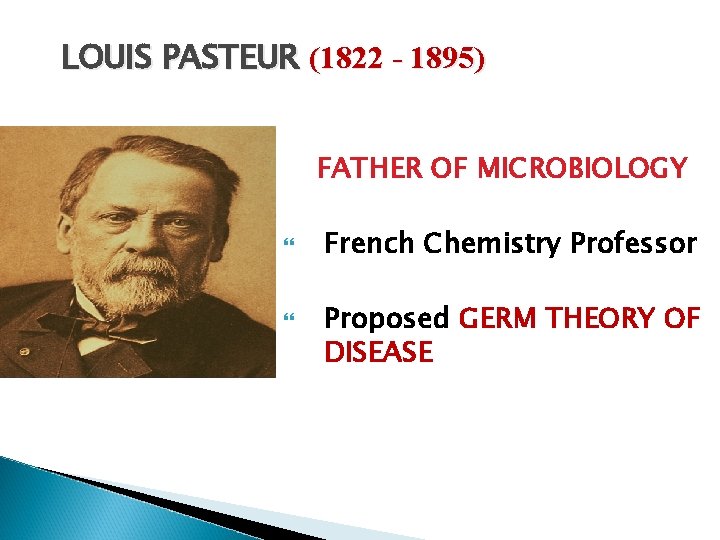 LOUIS PASTEUR (1822 - 1895) FATHER OF MICROBIOLOGY French Chemistry Professor Proposed GERM THEORY