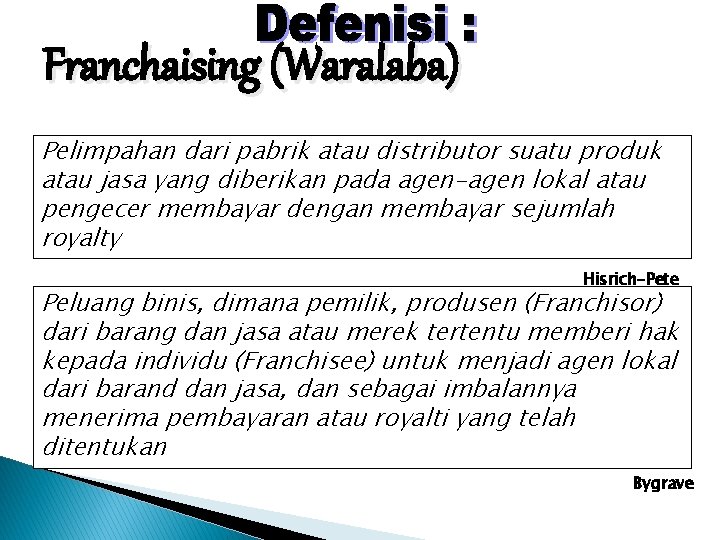 Franchaising (Waralaba) Pelimpahan dari pabrik atau distributor suatu produk atau jasa yang diberikan pada