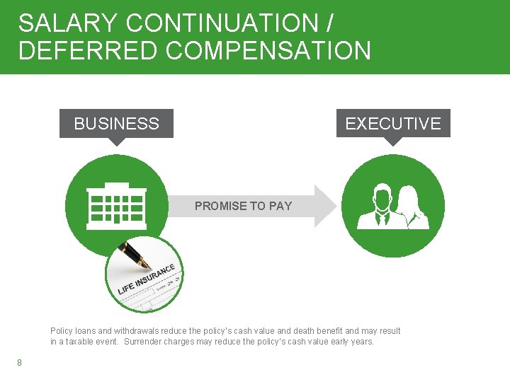 SALARY CONTINUATION / DEFERRED COMPENSATION EXECUTIVE BUSINESS PROMISE TO PAY Policy loans and withdrawals