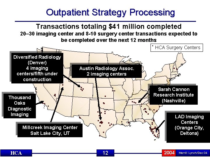 Outpatient Strategy Processing Transactions totaling $41 million completed 20– 30 imaging center and 8