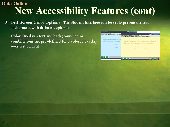 Oaks Online New Accessibility Features (cont) Ø Test Screen Color Options: The Student Interface