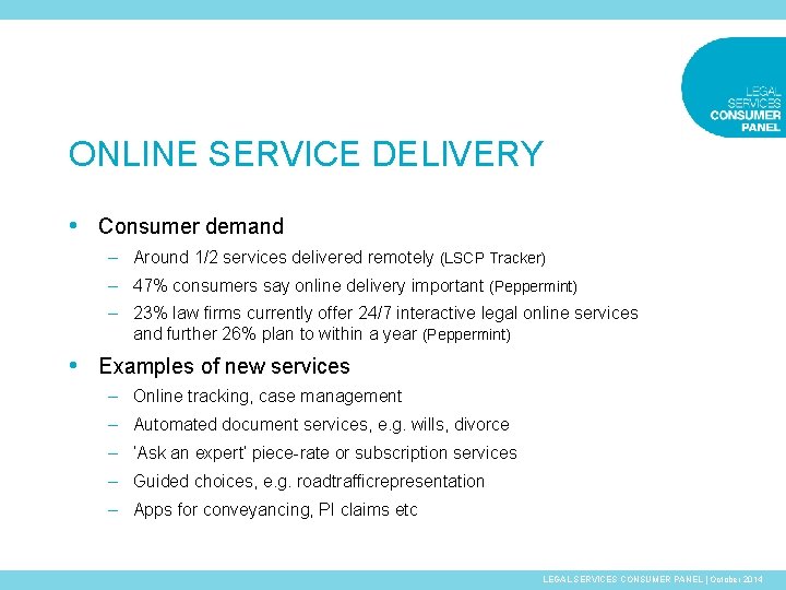 ONLINE SERVICE DELIVERY • Consumer demand – Around 1/2 services delivered remotely (LSCP Tracker)