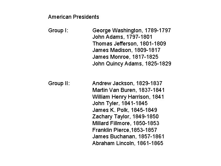 American Presidents Group I: George Washington, 1789 -1797 John Adams, 1797 -1801 Thomas Jefferson,