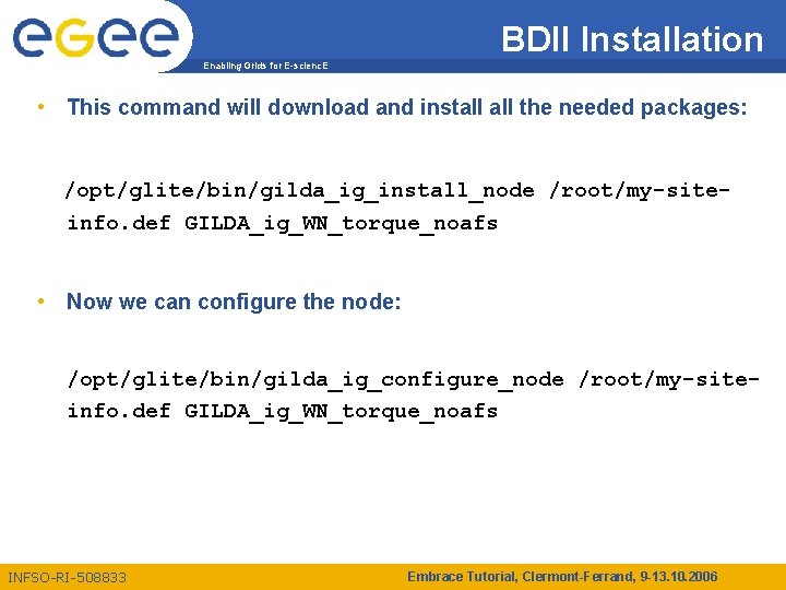 BDII Installation Enabling Grids for E-scienc. E • This command will download and install