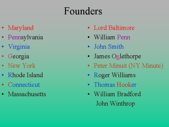 Founders • • Maryland Pennsylvania Virginia Georgia New York Rhode Island Connecticut Massachusetts •