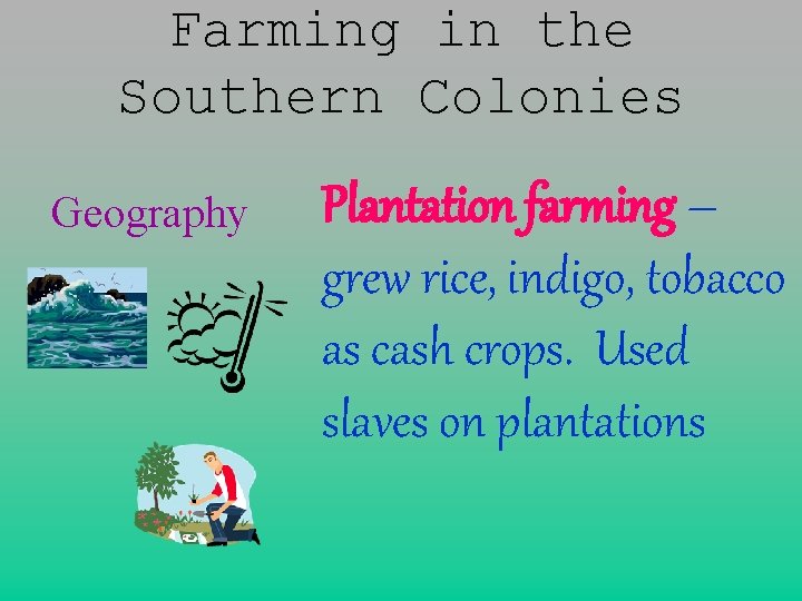 Farming in the Southern Colonies Geography Plantation farming – grew rice, indigo, tobacco as