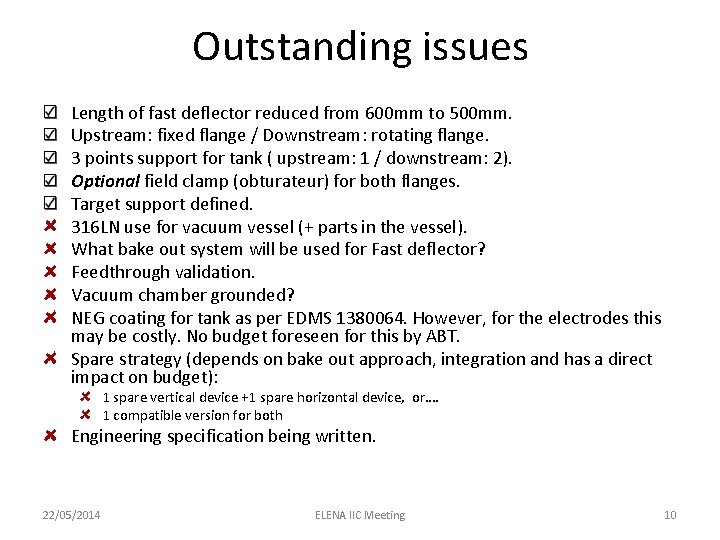 Outstanding issues Length of fast deflector reduced from 600 mm to 500 mm. Upstream: